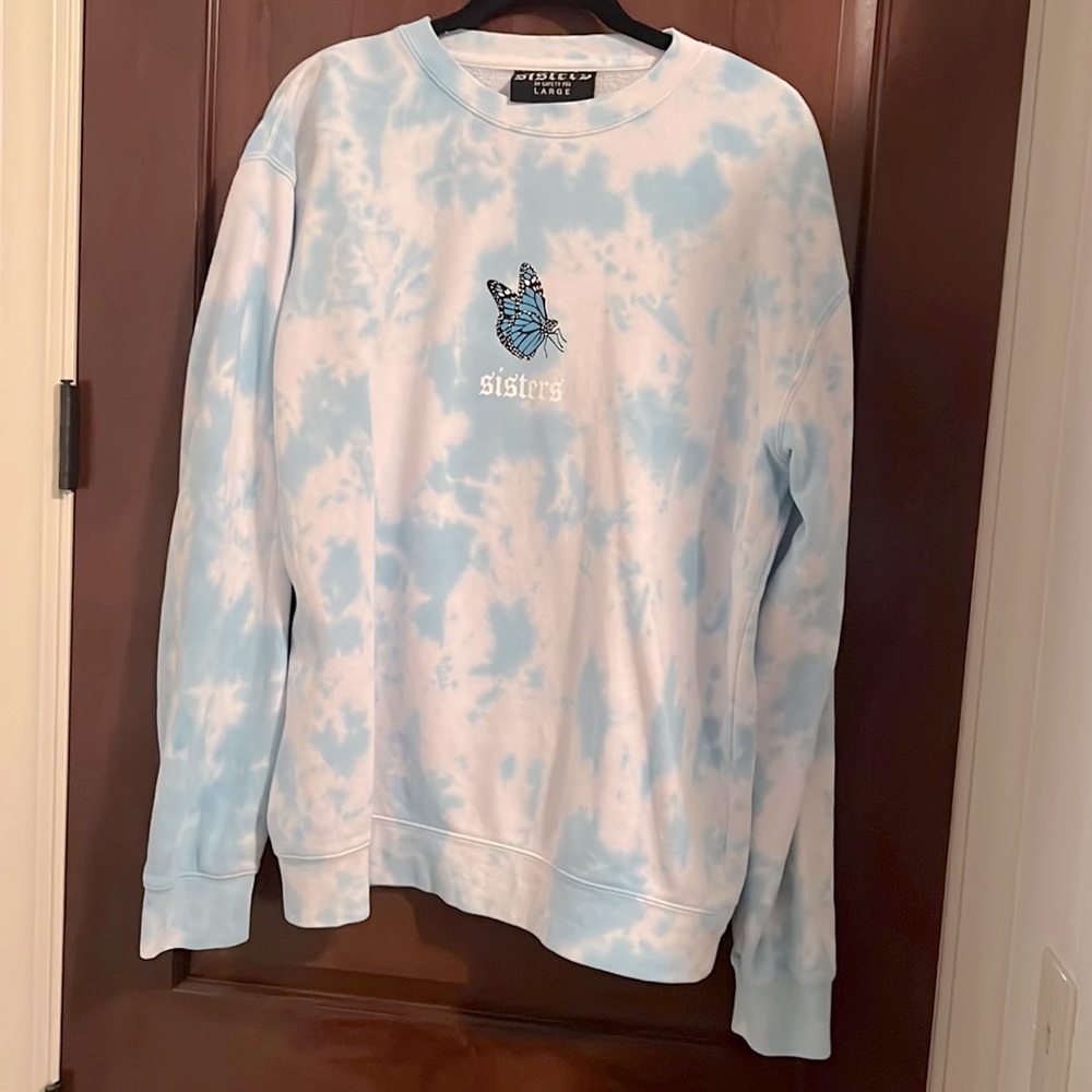 White and Sky Blue tie dye crew neck sweatshirt by James Charles “Sisters”